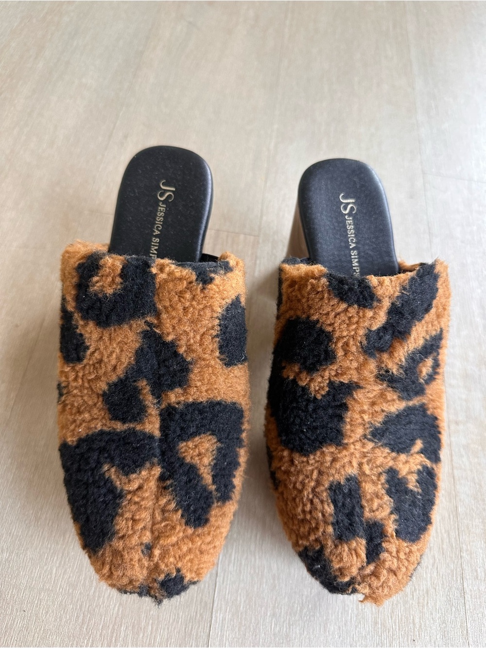 Jessica Simpson Tan and Black Faux-Shearling Leopard Slip-On Mules